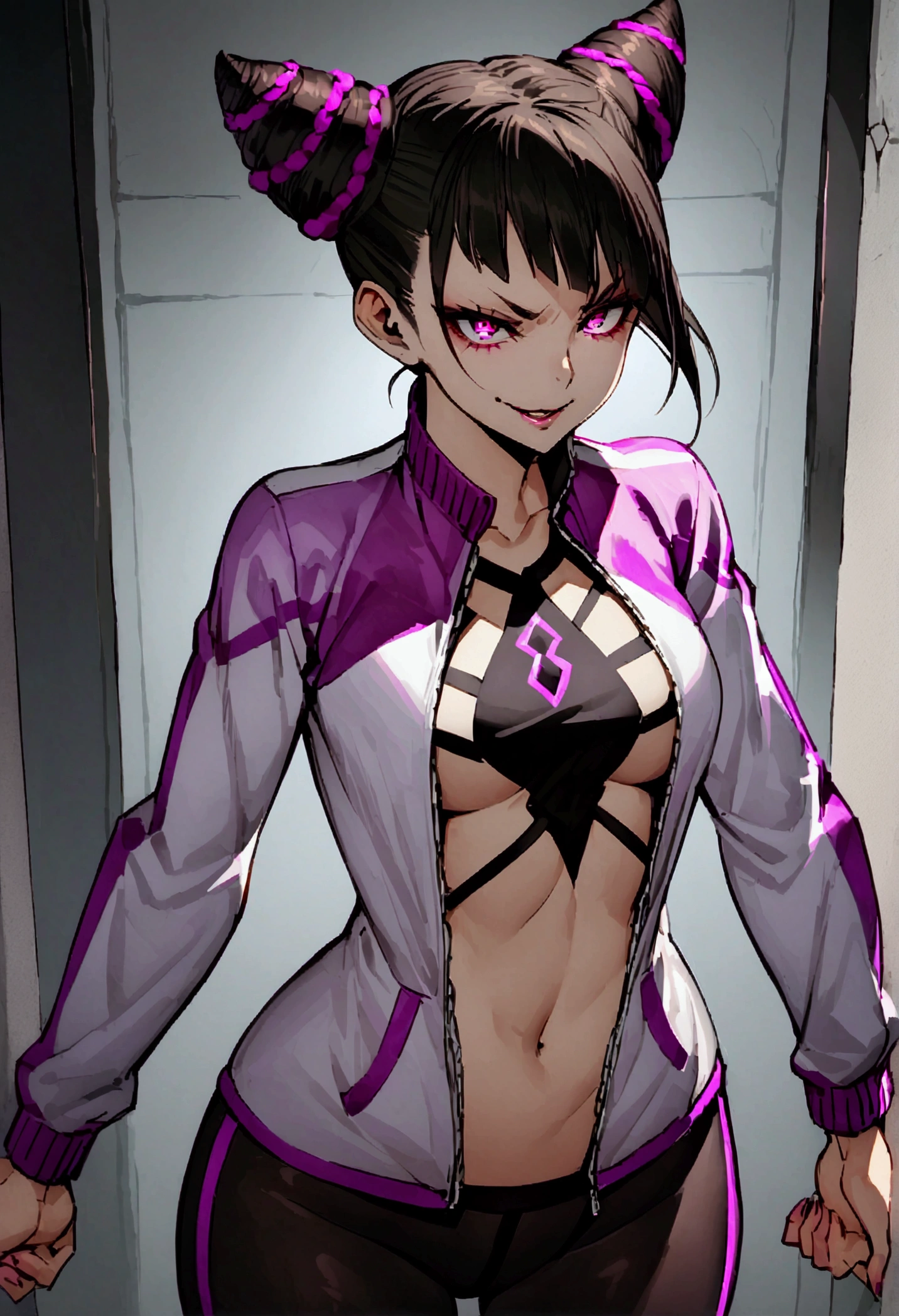 dark eye shadow,shining eyes,beautiful young fitness woman with , in a gym wearing May with black pantyhose, white and purple tight open jeep gym jacket. standing alone,hair horns,glowing purple eyes,Evil smile,legging preto ,labiaa,dark eye shadow,shining eyes,Cracked abdomen
