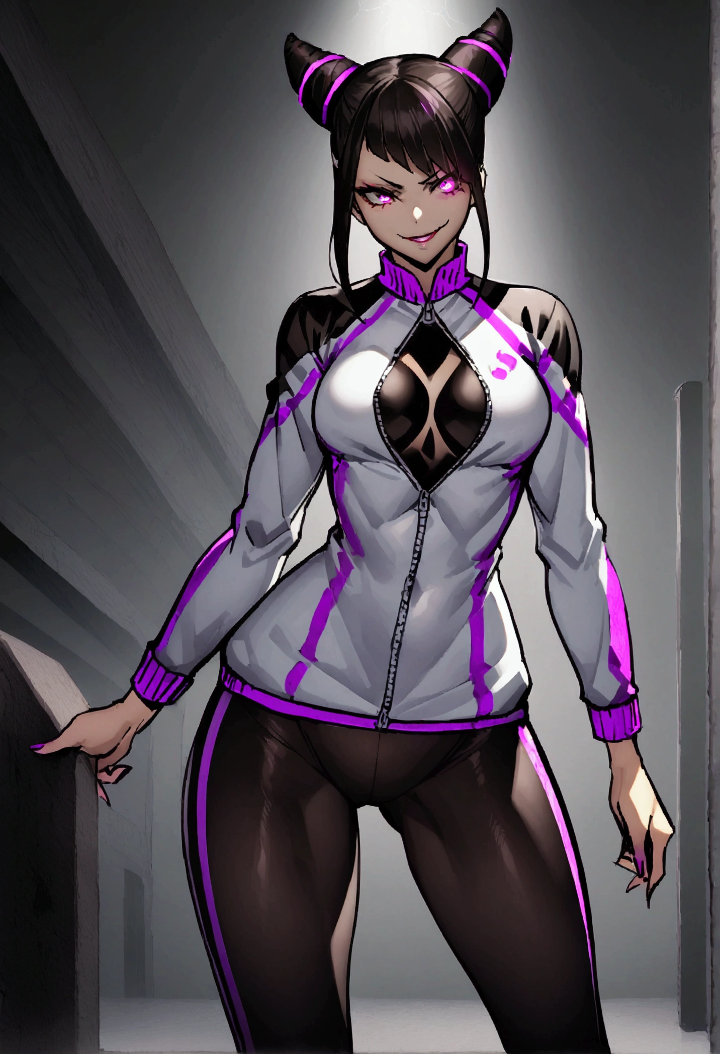 dark eye shadow,shining eyes,beautiful young fitness woman with , in a gym wearing May with black pantyhose, white and purple tight open jeep gym jacket. standing alone,hair horns,glowing purple eyes,Evil smile,legging preto ,labiaa,dark eye shadow,shining eyes,Cracked abdomen