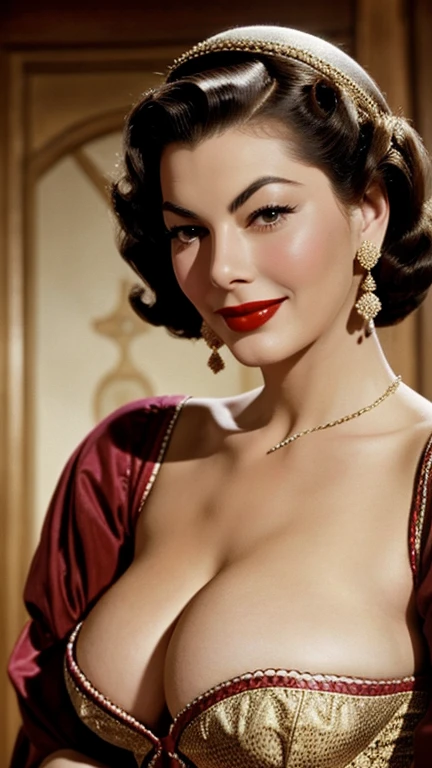 Ava Gardner dressed in traditional 15th century clothing
sexy with lipstick and smiling