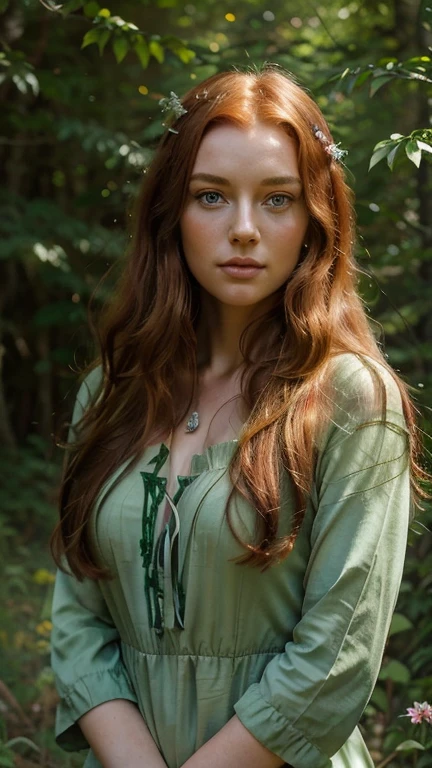 Close-up portrait of a woman with long red hair and green eyes, wearing a flowing green dress adorned with silver leaves. She stands in a sunlit forest clearing, surrounded by vibrant wildflowers. Her expression is serene, and a gentle breeze lifts her hair. The background shows a mix of tall trees and colorful flowers, enhancing the natural, ethereal atmosphere.