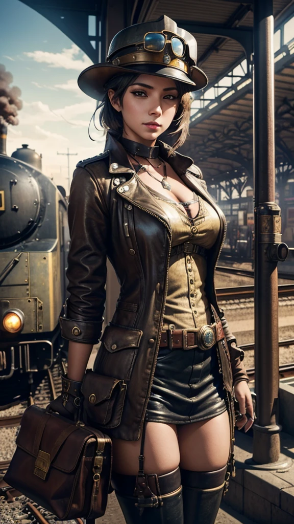 1 girl,  aviator hat ,   solo,   steam punk, train station,  , steam, smoke, masterpiece, highly detailed,HDR,8k resolution, best quality,