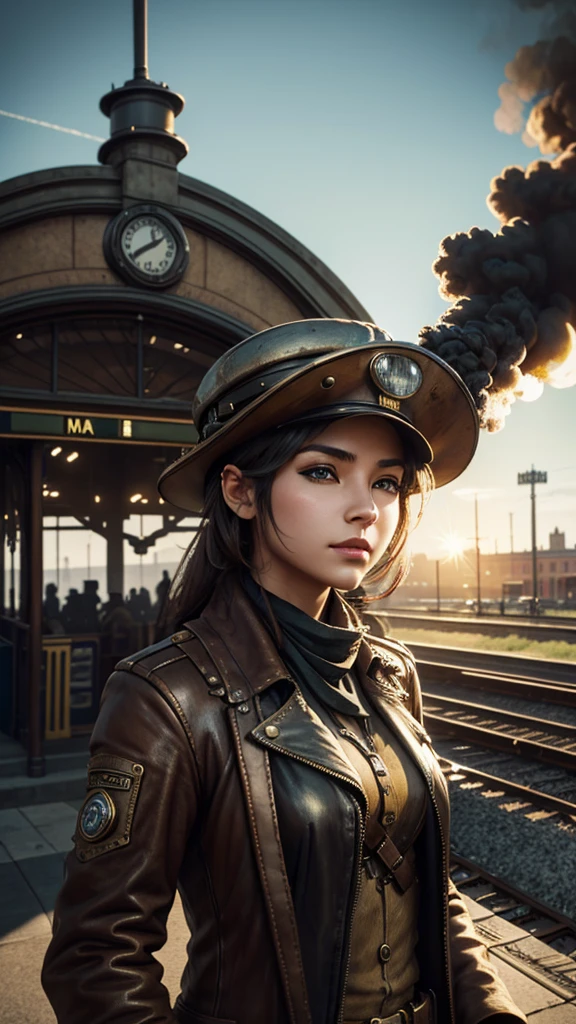 1 girl,  aviator hat ,   solo,   steam punk, train station,  , steam, smoke, masterpiece, highly detailed,HDR,8k resolution, best quality,