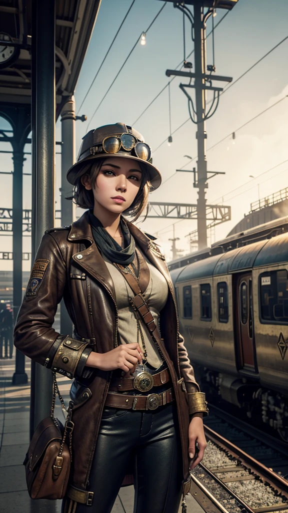1 girl, aviator hat , solo, steam punk, train station, , steam, smoke, masterpiece, highly detailed,HDR,8k resolution, best quality,