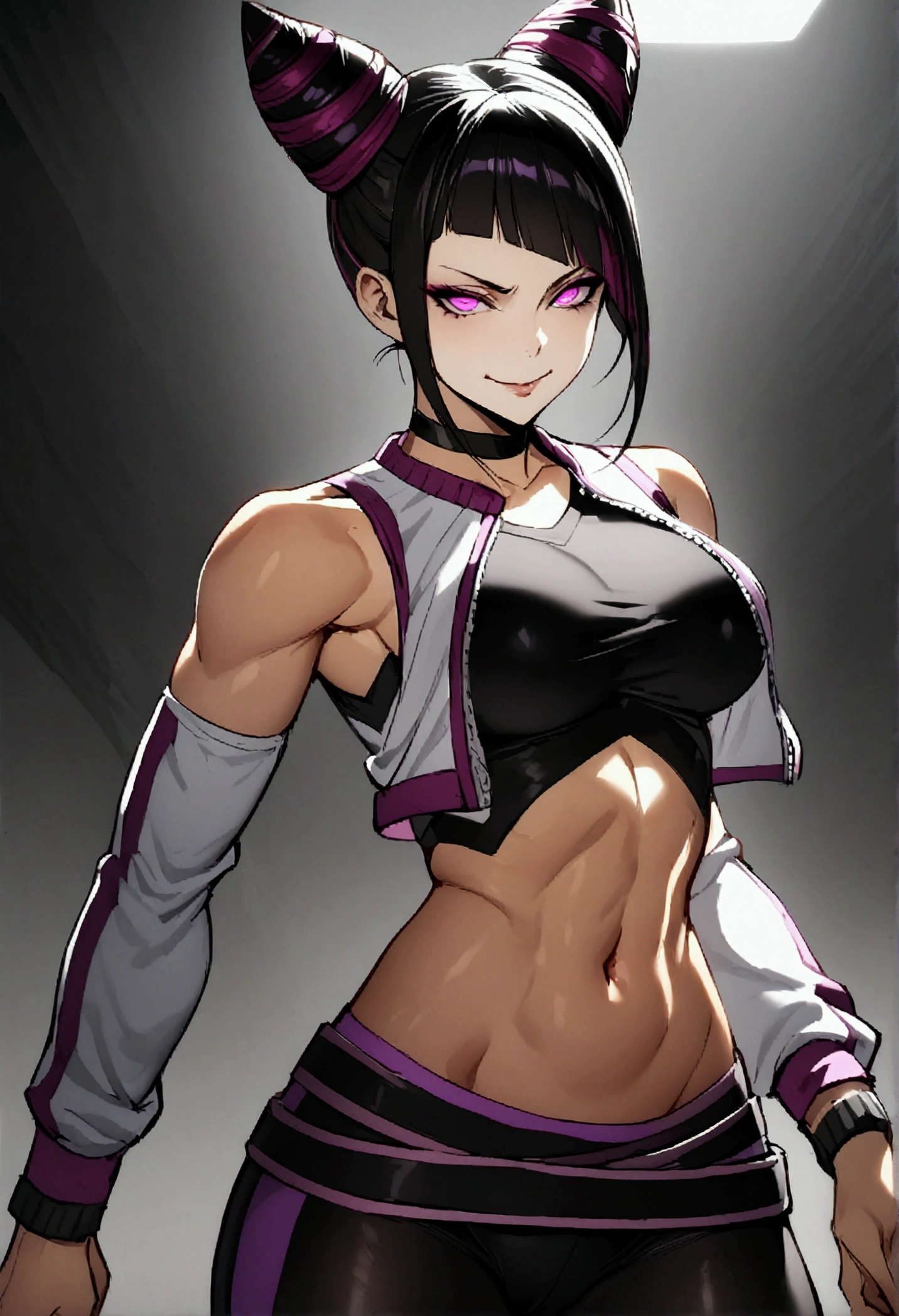 juri han,dark eye shadow,shining eyes,beautiful young fitness woman with , in a gym wearing May with black pantyhose, white and purple tight open jeep gym jacket. standing alone,hair horns,glowing purple eyes,Evil smile,legging preto ,labiaa,dark eye shadow,shining eyes,Cracked abdomen
