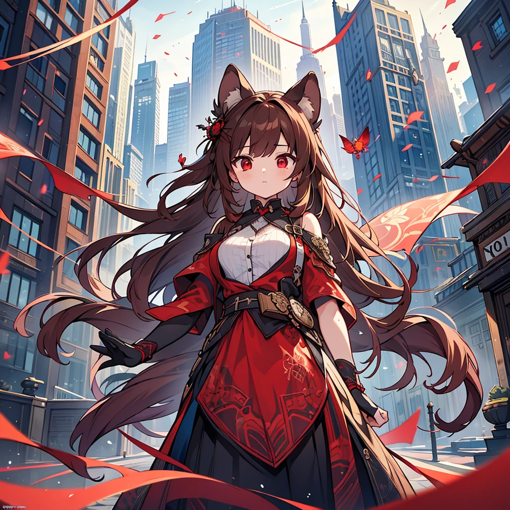 (masterpiece, best quality), Intricate details, 8K, Art Station, wallpaper, Official Art, Ink Art, Clear focus,, 1 Girl, Long hair, Double tail, Red Eyes, Brown hair, , Spider Suit, net printing, net, , Skyscraper, City, architecture, car, street,