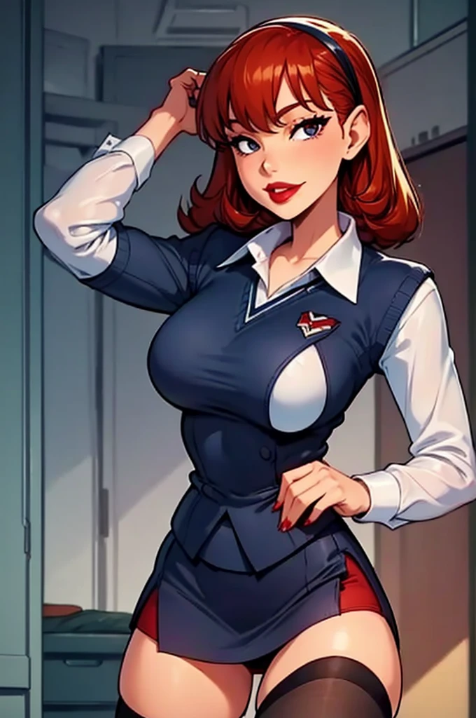 Sharona, wearing a navy office suit, white shirt, navy skirt,red lips,hairband,black stockings, high quality, 