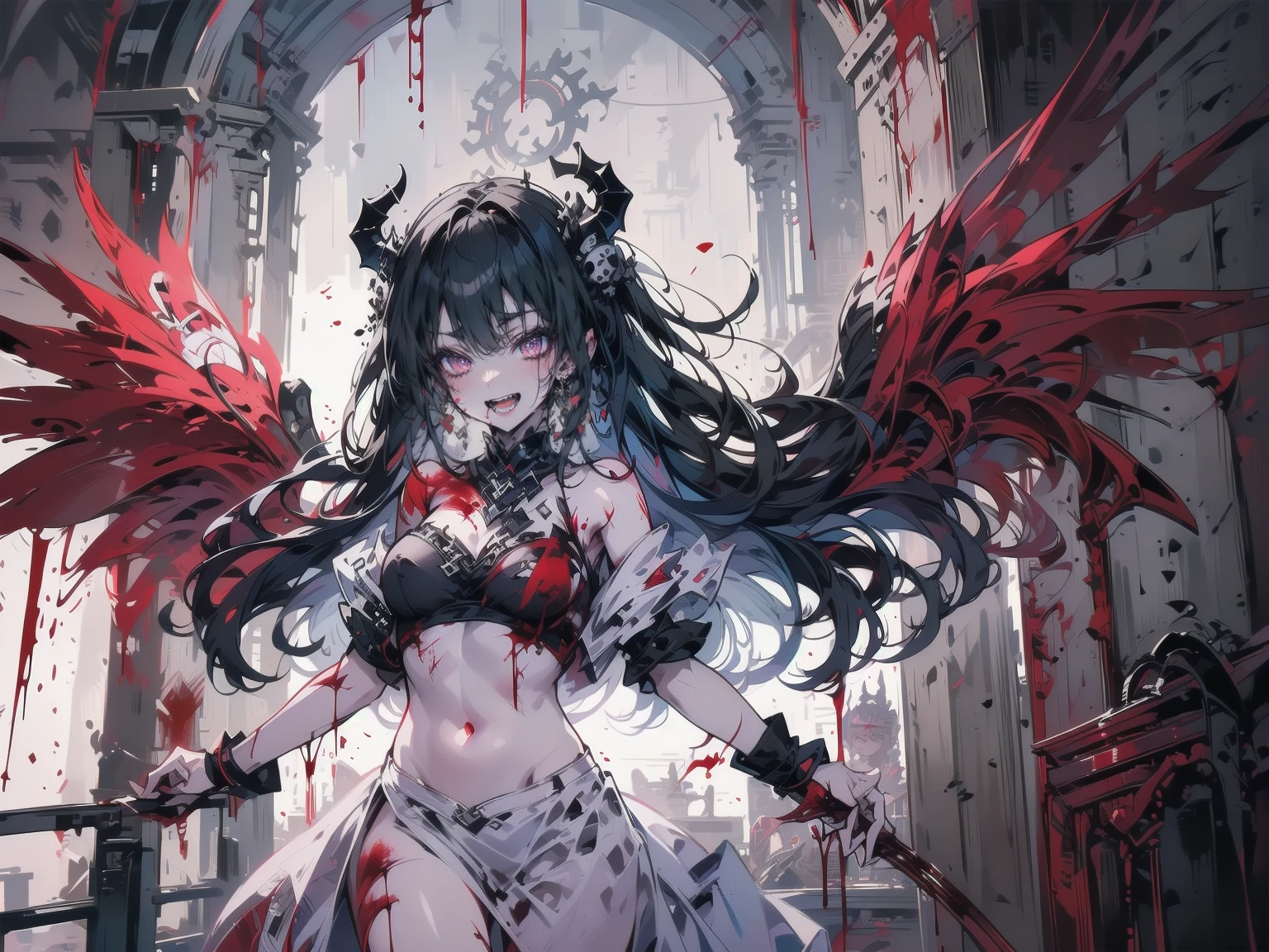 (Highest quality,4K,High resolution,masterpiece:1.2),Very detailed,Realistic:1.37,Spooky altar background,Dark fantasy,Red color scheme,Ominous atmosphere,Eye-catching,Storytelling,anatomy,Anime Style,Concept Art,beautiful細部までこだわった顔と (((Red eyes ))),A terrifying ritual ,Satanic Ritual,Premature death,inappropriate behavior,クレイジーなsmile,Scythe Face,Girl Monster, beautiful, Delicate facial features, Sharp Eye, Sharp Fangs, pale skin, Thick chain, Dark Background, Cinema Lighting, Dramatic Shadows, Gothic style, Gloomy atmosphere, Dark fantasy, One Girl, , Please open your mouth wide, Open your mouth and baring your teeth,Sharp teeth like a beast, Wide lips, very wide mouth, Vermilion cheeks, ,(Blood splatter:1.4),Scary smile, smile,Fallen angel design, Twisted smile、Bloody、bleeding from the head,,,,,、Blood splatter、,(Blood splatter:1.4),Crossbones, skull,Horror Style, ((Fantasy Fallen Angel Costume)), ((Flowing black hair)), ,(Blood splatter:1.4),Female curves, Sexy flat stomach, Perfect hands, Perfect anime face, ((White Lolita Dress)), Are standing, ((邪悪なsmile)), ,(Blood splatter:1.4), Steam circulates, Moonlight Illumination, night lighting, disaster々new devil horns,,(Blood splatter:1.6),アニメFallen angel design, Twisted smile、Bloody、bleeding from the head,,,,,、Blood splatter、,(Blood splatter:1.4),Crossbones, skull,Gothic architecture、Western architecture、Fantasy World、,Victorian cities, Skeleton Gas Light,Absurd, High resolution、 ((Tabletop)), ((Highest quality)), (Very detailedな), ((Very detailed)), (beautiful), ((pretty girl)), (NFSW:1.8), alone,(10 years old:1.6)、(world&#39;The most terrifying and creepy demon girl:1.5)beautiful face、Whole Body Ezbian、pale, Beautiful Skin、beautiful黒の髪、Smiling Kindly、Dark building ruins、(snow white&#39;Frill dress:1.3)、(The dark ruins are stained with blood:1.3)、Low angle full body shot、(少女は血の海の中にAre standing:1.5)、(The ground is full of blood:1.3)、(The girl lost a lot of blood...:1.3)、)、(クレイジーなsmile:1.6)、Spirits、(Blood dripping from the mouth:1.3)