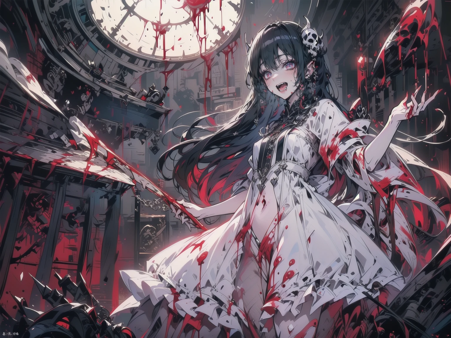 (Highest quality,4K,High resolution,masterpiece:1.2),Very detailed,Realistic:1.37,Spooky altar background,Dark fantasy,Red color scheme,Ominous atmosphere,Eye-catching,Storytelling,anatomy,Anime Style,Concept Art,beautiful細部までこだわった顔と (((Red eyes ))),A terrifying ritual ,Satanic Ritual,Premature death,inappropriate behavior,クレイジーなsmile,Scythe Face,Girl Monster, beautiful, Delicate facial features, Sharp Eye, Sharp Fangs, pale skin, Thick chain, Dark Background, Cinema Lighting, Dramatic Shadows, Gothic style, Gloomy atmosphere, Dark fantasy, One Girl, , Please open your mouth wide, Open your mouth and baring your teeth,Sharp teeth like a beast, Wide lips, very wide mouth, Vermilion cheeks, ,(Blood splatter:1.4),Scary smile, smile,Fallen angel design, Twisted smile、Bloody、bleeding from the head,,,,,、Blood splatter、,(Blood splatter:1.4),Crossbones, skull,Horror Style, ((Fantasy Fallen Angel Costume)), ((Flowing black hair)), ,(Blood splatter:1.4),Female curves, Sexy flat stomach, Perfect hands, Perfect anime face, ((White ****ta Dress)), Are standing, ((邪悪なsmile)), ,(Blood splatter:1.4), Steam circulates, Moonlight Illumination, night lighting, disaster々new devil horns,,(Blood splatter:1.6),アニメFallen angel design, Twisted smile、Bloody、bleeding from the head,,,,,、Blood splatter、,(Blood splatter:1.4),Crossbones, skull,Gothic architecture、Western architecture、Fantasy World、,Victorian cities, Skeleton Gas Light,Absurd, High resolution、 ((Tabletop)), ((Highest quality)), (Very detailedな), ((Very detailed)), (beautiful), ((pretty girl)), (NFSW:1.8), alone,(10 years old:1.6)、(world&#39;The most terrifying and creepy demon girl:1.5)beautiful face、Whole Body Ezbian、pale, Beautiful Skin、beautiful黒の髪、Smiling Kindly、Dark building ruins、(snow white&#39;Frill dress:1.3)、(The dark ruins are stained with blood:1.3)、Low angle full body shot、(少女は血の海の中にAre standing:1.5)、(The ground is full of blood:1.3)、(The girl lost a lot of blood...:1.3)、)、(クレイジーなsmile:1.6)、Spirits、(Blood dripping from the mouth:1.3)