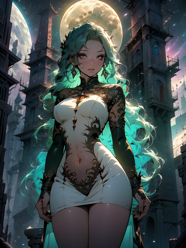 Beautiful anime goddess with long green hair, wearing a short dress, breasts, anime key look, moon, intricate, hips, highly detailed, wide hips, breathtaking beauty, large breasts, vibrant and sharp focus, illustration, Dark, Ethereal, fantasy, details, style, gothic, melacholy, allusive