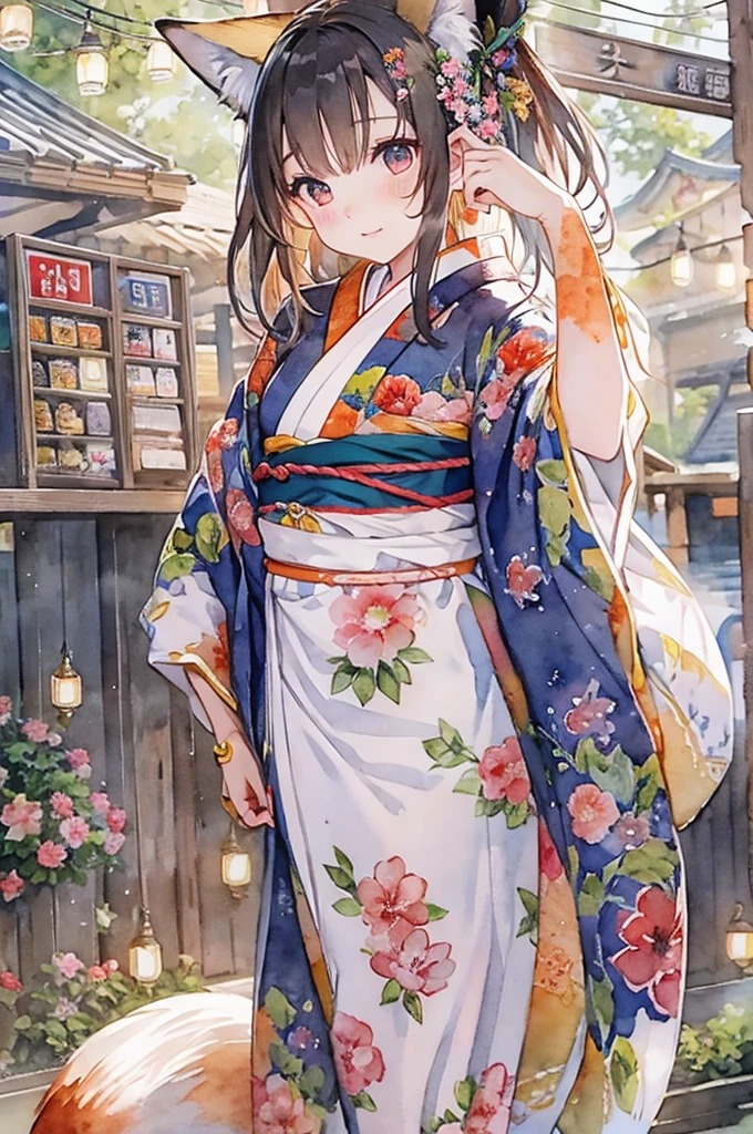 masterpiece, best quality,girl walking in Japanese countryside summer festival(natsumatsuri), night time,(yukata,japanese geta), various food stalls,((look away)),magnificent view,Showa Era,beautiful detailed scenery,BREAK (tween,short hight,fox ear,fox tail,middle small breasts),(Watercolor:1.3),