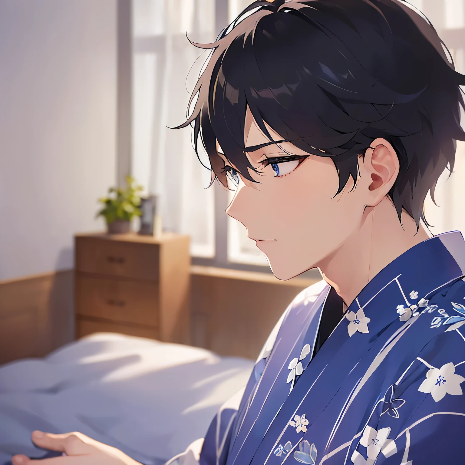 (25-year-old male:1.5) and(Black short hair) and (blue eyes), masterpiece、Highest quality、profile、(alone:1.5)
(Blue) and (yukata),Bad mood、closed eyes,Sleeping on a futon、night、The background is a Japanese-style bedroom