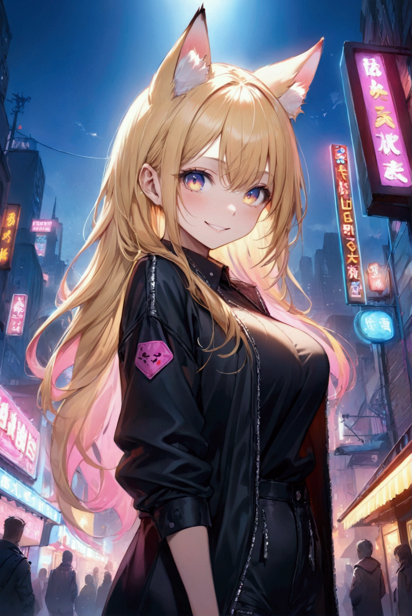 (Highest quality, 8k, 32K, masterpiece, Ultra-high resolution,:1.2),to be born, One Girl,So cute , Neon night city, Fantasy Background, clear, Shining Eyes, Age 25 ,Fair skin, Blonde girl, A beautiful girl like a fox, Punk clothes, American casual attire, Slanted Eyes, Long Hair, An innocent smile, Grin, Neon sign, Large Breasts 