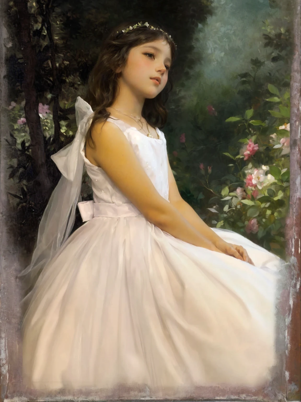 painting of a young girl in a white dress sitting in a garden, inspired by William-Adolphe Bouguereau, Pudica bouguereau style pose, Pudica bouguereau style gesture, portrait painting of a princess, Portrait of a princess, bouguereau style pose, portrait of fairy princess, portrait of princess, portrait of a fairy