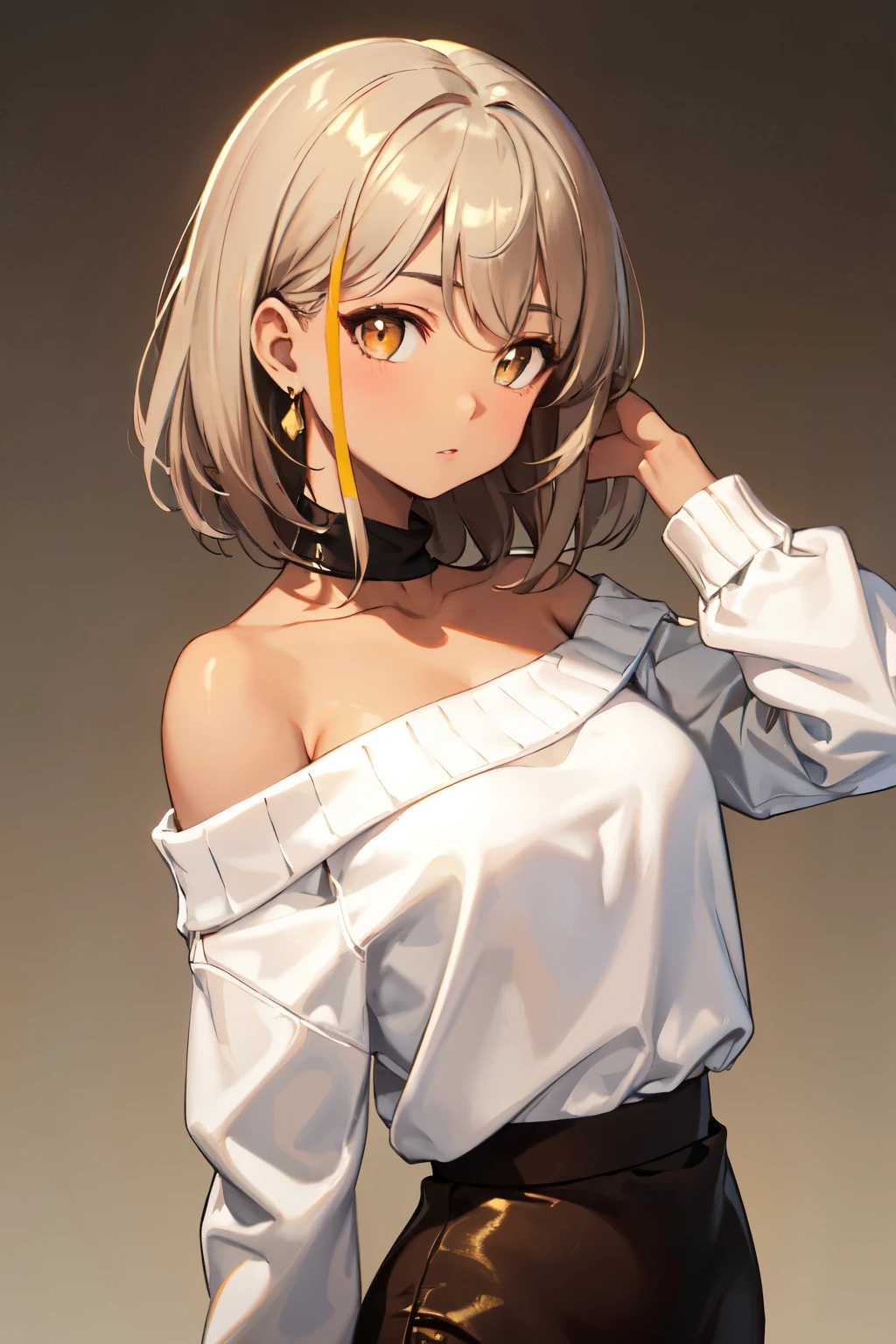 ((Highest quality)), ((masterpiece)), (detailed), One girl, Off-the-shoulder sweater, (Silver Hair),Shortcuts,((Golden Eyes)),Expressionless,Black Skirt,((Brown skin:1.6))