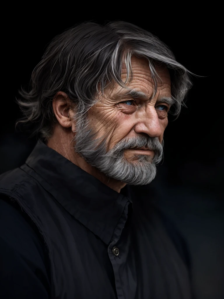 A portrait of a old man, bearded, wrinkled, weathered, with piercing eyes, detailed face, high details, photography, dark studio, rim light, Nikon D850, 50mm, f/1.4