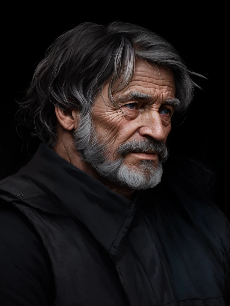 A portrait of a old man, bearded, wrinkled, weathered, with piercing eyes, detailed face, high details, photography, dark studio, rim light, Nikon D850, 50mm, f/1.4