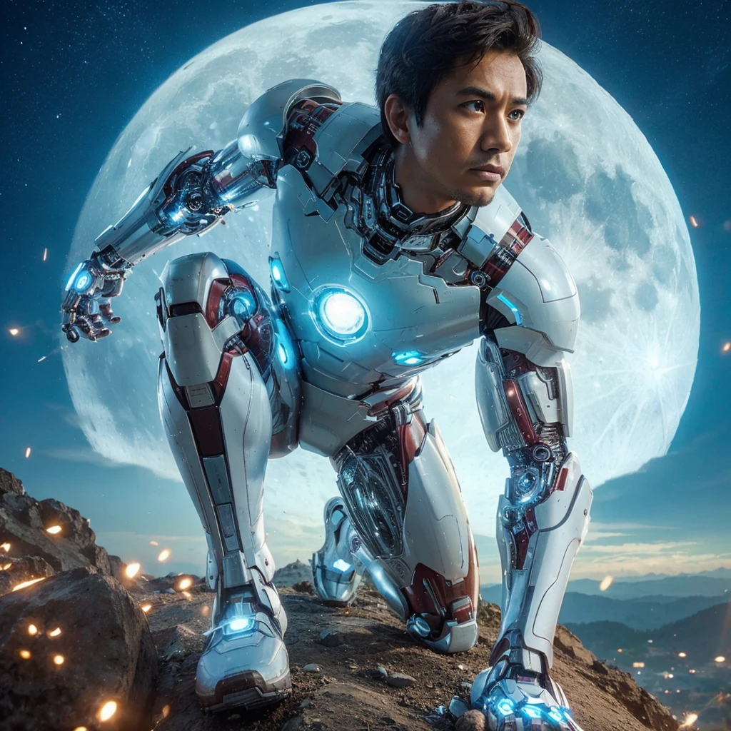 Ironman in a white, blue, and silver futuristic robot suit, with the head of a handsome 30-year-old Indonesian man, stands atop a high hill, taking action. The background features a full moon.
