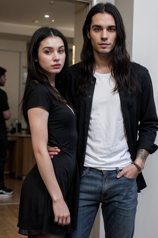 Handsome, Tall Muscular thin White man goth long black hair , he has black shirt and jeans, he is with shorter girlfriend, woman has a pretty dress