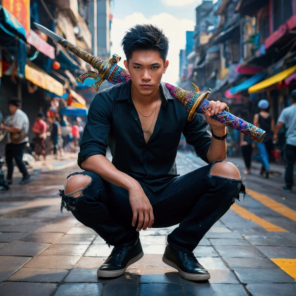 A vibrant, full-body portrait of a young Asian man sitting elegantly in an urban cityscape. He is dressed in a black shirt and torn jeans, holding a colorful, intricately designed weapon. The city is bustling with life, and the background shows a blend of modern and traditional architecture. The overall atmosphere of the image is lively and dynamic, with the young man's intense gaze capturing the viewer's attention.