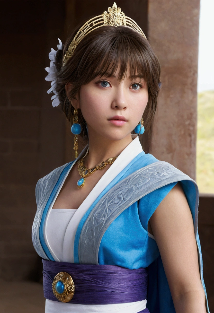 One girl, alone, jewelry, Removable sleeves, necklace, Blue beaded earrings, Hakama Skirt Yuna FFX,
Ultra-high resolution, photograph, photographrealistic, Very detailed, Detailed face, alone cute woman, Castle balcony,
Medium chest, (masterpiece, high quality),View your viewers, Gorgeous Goddess, Bobcut, Glowing Skin,
Charm, Fascinating, dream-like, Royal Cloak, ((Thick bangs)),
