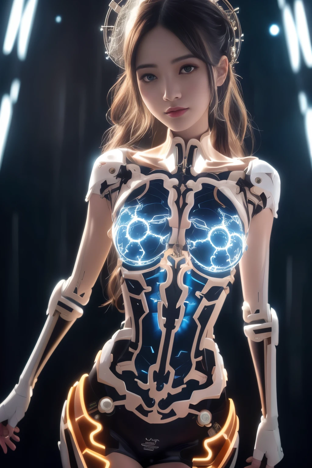 First job, Better quality, Super detailed, Very detailed illustrations, "Very detailed eyes", Intricate details, high resolution, 超级Intricate details, Highly detailed 8k CG wallpaper, 50mm Slow, Corrosive, reflection, Ray Tracing, nebula, Dark Halo, Network Effects, (1 Girl: 1.4), Solitary, Solitary, Mecha Girl, Mechanical Parts, joint, Single Robotic Arm, female hat, Mechanical Halo, Halo Star, electric mechanical bodysuit, Mecha Corset, kimono, Full nail, Very long hair, White hair, Hair between the eyes, Multicolored hair, blue eyes, Bright Eyes, Random Expression, Random Action, Chinese Architecture, Starry Sky, horizon, ((Center image)) No beheading.