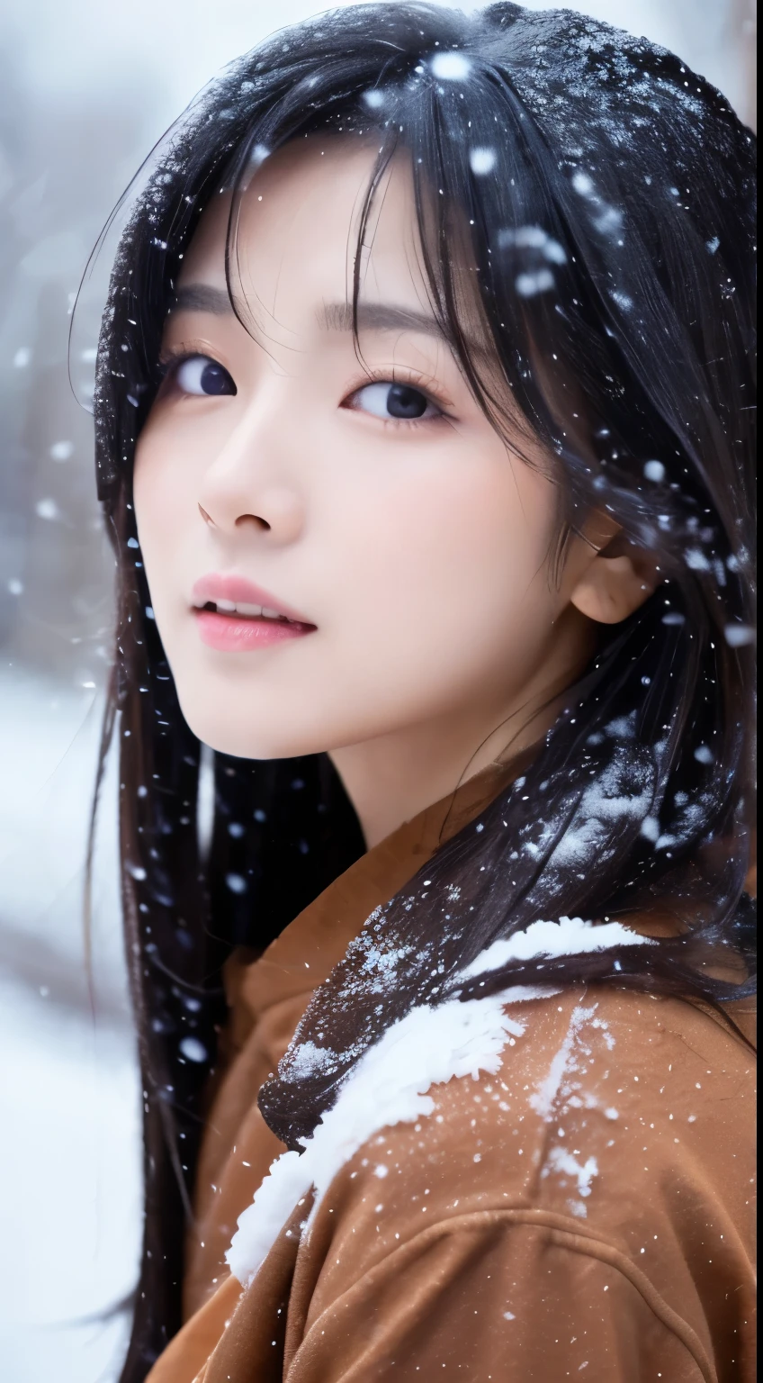 ((Hanfu))、(full body esbian)、(top quality,masterpiece:1.3,ultra high resolution,),(very detailed,corrosion line),(realistic:1.4,RAW shooting,)매우 realistic 캡처,very detailed、 natural skin texture、25 years old、Skin looks healthy and even.、 Take advantage of natural light and color、female,Japanese、black hair,medium length hair,、(falling snow:1.1)、(hair blowing in the wind:1.3)、(Eyes reflect light)、There is light in the eyes、looking at the camera