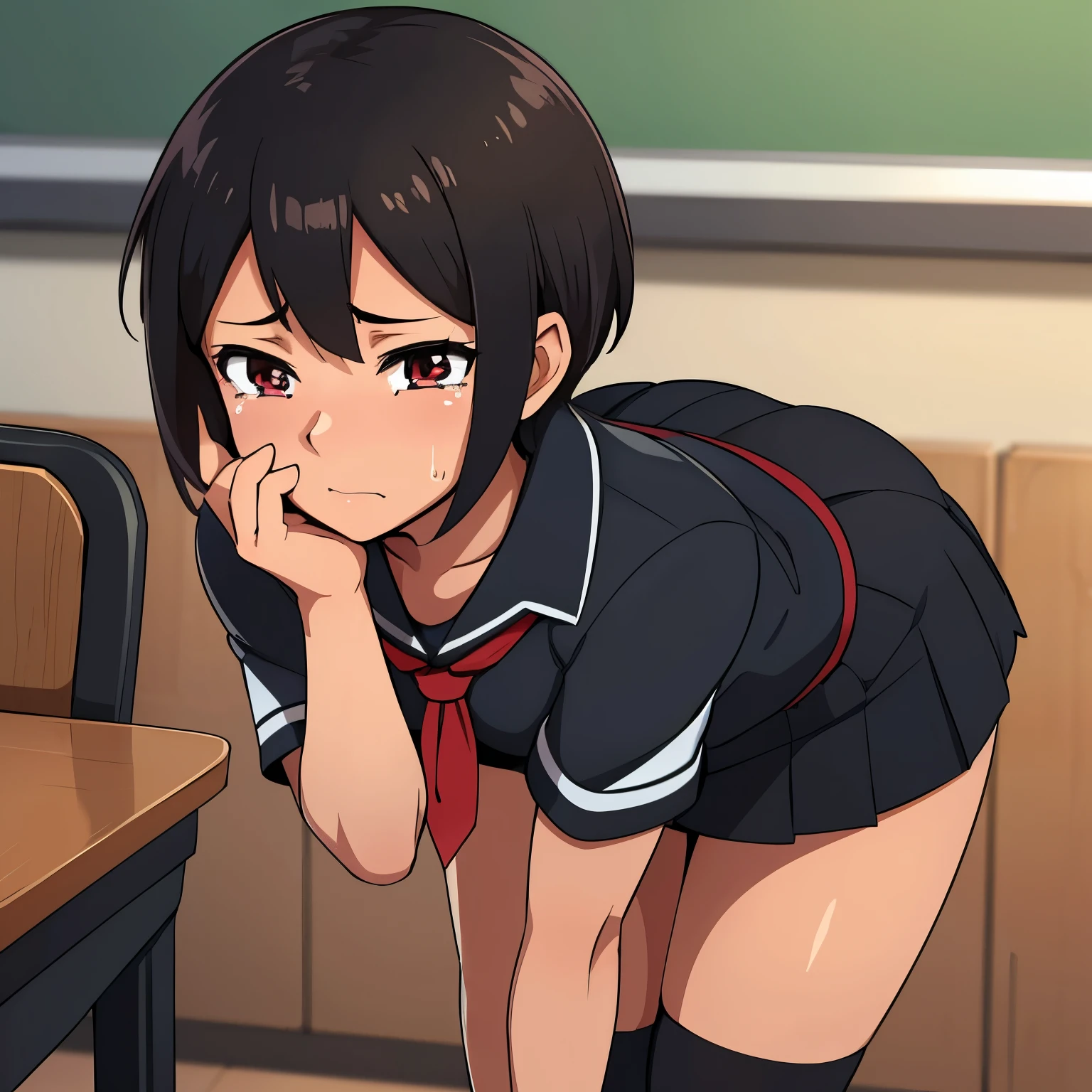 top quality, masterpiece, ultra high resolution, image of an anime girl with short brown hair and black, well-detailed eyes is in a classroom and is wearing a very tight uniform and has a very short skirt she is crying