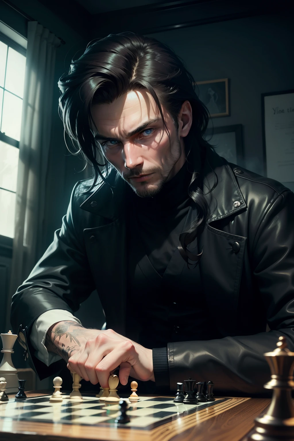 Creative Mysterious Man Playing Chess in a Realistically Supernatural Environment: A tall, masterful man with a penetrating gaze sits in front of a chess board., dressed in a black jacket and chiffon pants, in a dark and mysterious internal environment. The air is charged with a palpable sense of mystery and enchantment., as if the man were under some spell or supernatural power. His gaze focuses on the board, and you can see the light of the