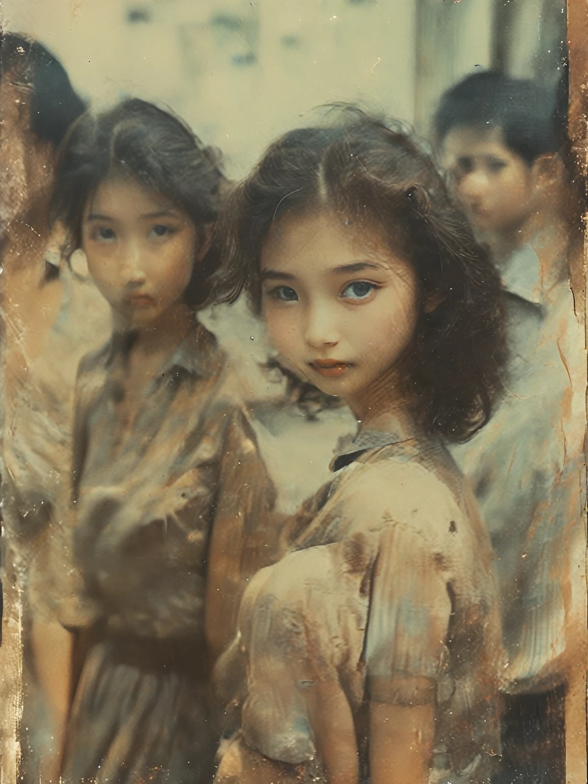 Retro Photography, ( masterpiece, Top quality, best quality,8K,Extremely detailed,RAW photos:1.5),(Reality:1.4), (light), Surrealism, Ultra HD, precise, Super Detail, Textured Skin, High Detail, best quality, Dynamic Angle, fashion magazine,Vintage photo of a 6-year-old Chinese girl and her mother in the 1980s,Yellowing of photos,A sense of age。Photo showing,Girl and mother standing or sitting,Half-length photo,Smiling at the camera,The background may be indoors or in a park。Soft natural or indoor light illuminates her face,Create a warm and nostalgic atmosphere。She and her mother wore 1980s-style clothing,It could be a dress or a shirt and skirt,The hairstyle was in line with the fashion trends of the time.,Shot with the effect of an old camera