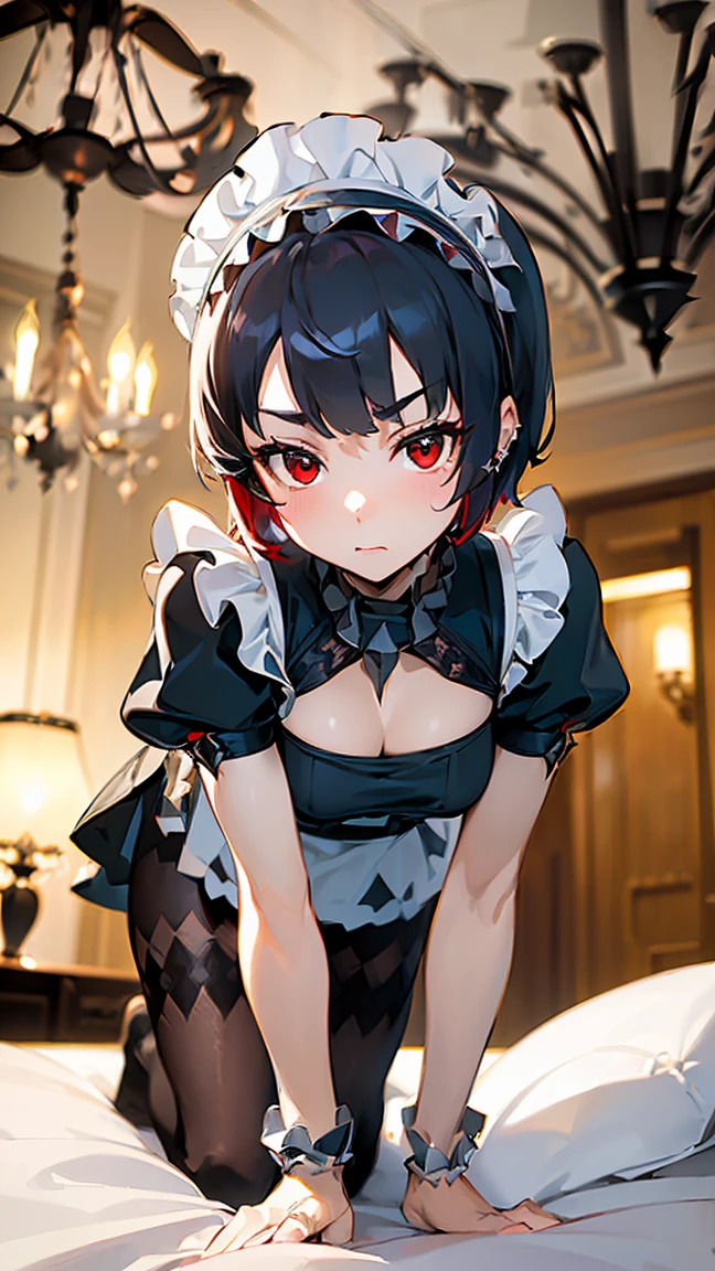 Ellen Jo, Black Hair, Colored Hair, Multi-Colored Hair, (Red Eyes: 1.3), Redhead, Short Hair, Two Tone Hair, Apron, Black Pantyhose, Black Shirt, Black Skirt, Ear Piercings, Fins, Fish Tail, Maid, Maid Apron, Maid Headdress, Pantyhose, Piercings, Puffy Short Sleeves, Puffy Sleeves, Shark Girl, Shark Tail, Shirt, Short Sleeves, Skirt, Tail, Two Tone Hair, Wrist Cuffs, View from Below, Pure White Panties Visible, (Below From:1.2), (Squatting:1.2), White Panties, ((Beautiful Panties 1.5)), Beautiful Legs, (Cowboy Shot), (8K, Raw, Best Quality, Real1.2), Ultra High Quality, High Resolution, Best Quality, Perfect Face, Perfect Limbs, Perfect Fingers, High Resolution, (Beautiful Anime Face, Cute Face, Detailed Face), Annoyed Expression, Miniature Clothing, Twitching Smile, Angry Expression, Sitting, Cowboy Shot, Miniature Human Hands, (((Medium Bust 1.3))), (((Slender thighs 1.3))), Night, ((Western castle-like bedroom: 1.5)), (((Luxurious canopy bed: 1.4)), (((Chandelier: 1.4))), Bed, ((Bed 1.5)), ((Beautifully decorated bedroom 1.5)), ((Modern style bedroom 1.5)), ((Colorful flowers blooming)), ((Modern interior decorated bedroom background 1.5)), perfect anatomy, perfect proportions, nice lighting, bright colors, clean lines, information, blurred, stunning facial expression, restless emotions, gorgeous, pretty, beautiful face and eyes with detail, (masterpiece) beautiful face, young and handsome girl, really perfect skin, blurred, stunning facial expression, restless emotions, gorgeous, pretty, beautiful face and eyes with detail, (Audrey Hepburn), (17 years old), Blake, beautiful skin detail with cleavage, (cute type), (J- POP idol), (thighs, (depth of field), (depth of field), soft light, glittering lens gaze, (droopy eyes), straight teeth, shy smile, flowing hair, a scene from Blake's movie, full color like the movie, 4K, 8K, 16K lace, raw photo, must-see movie, professional color grade, professional photographer,, soft and clean focus, realistic lighting and shadow