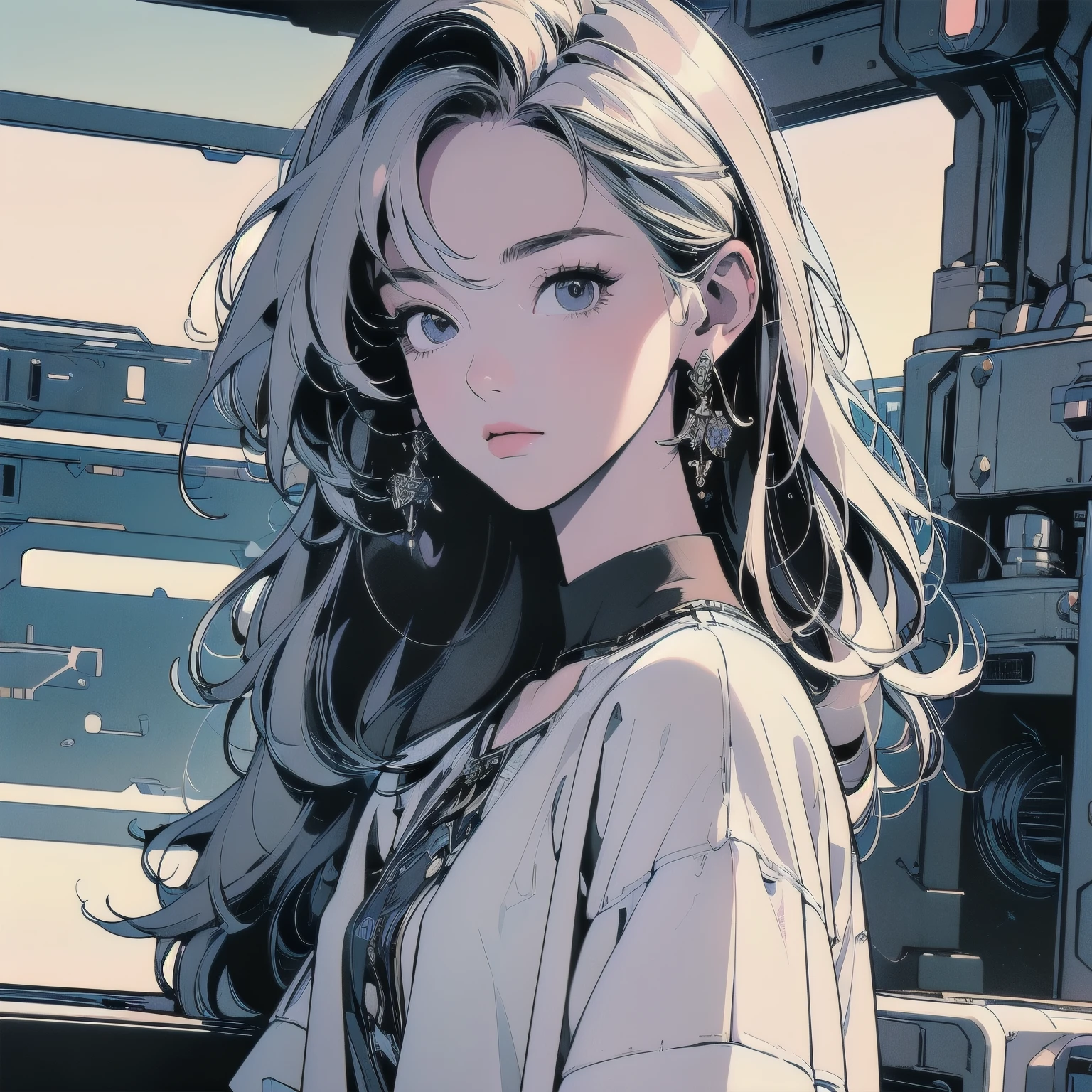 (((masterpiece, Highest quality)))、(((32K Wallpapers)))、The most detailed machine、(((The most complete and detailed white futuristic machine and a woman)))、The most detailed background、(((Flat Chest)))、(((Surrounded by many complex, sophisticated, futuristic machines)))、head shot,((((more various angle))))、A perfect machine、(((Completed and detailed beautiful face)))、(((The most complete machine of the future)))、Detailed Hair、anime、mysterious、(((Dull colors)))、(((highlight)))、(((Short sleeve shirt)))