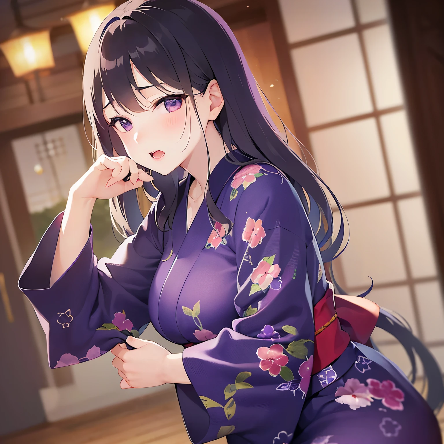 closed eyes: (narrowed eyes:1.3):11 ,Realistic, real person, (pale skin: 1.2), Shooting from below、upper body,Lean back、Shooting from below、RAW photo, photorealistic, shiny skin, shiny hair、 (A 25-year-old woman with straight hair and bangs) and (medium hair) and (black hair) and (purple eyes) , (purple:1.5) and (yukata)、 (embarrassed,blush:1.3),(open mouth:1.5),The background is a Japanese-style corridor at night、(alone:1.5)、nsfw,(ecstasy:1.3) ,(slut:1.2),(vulgarity:1.3),(fucked silly:1.1),(trembling:0.8),(tears:0.7)