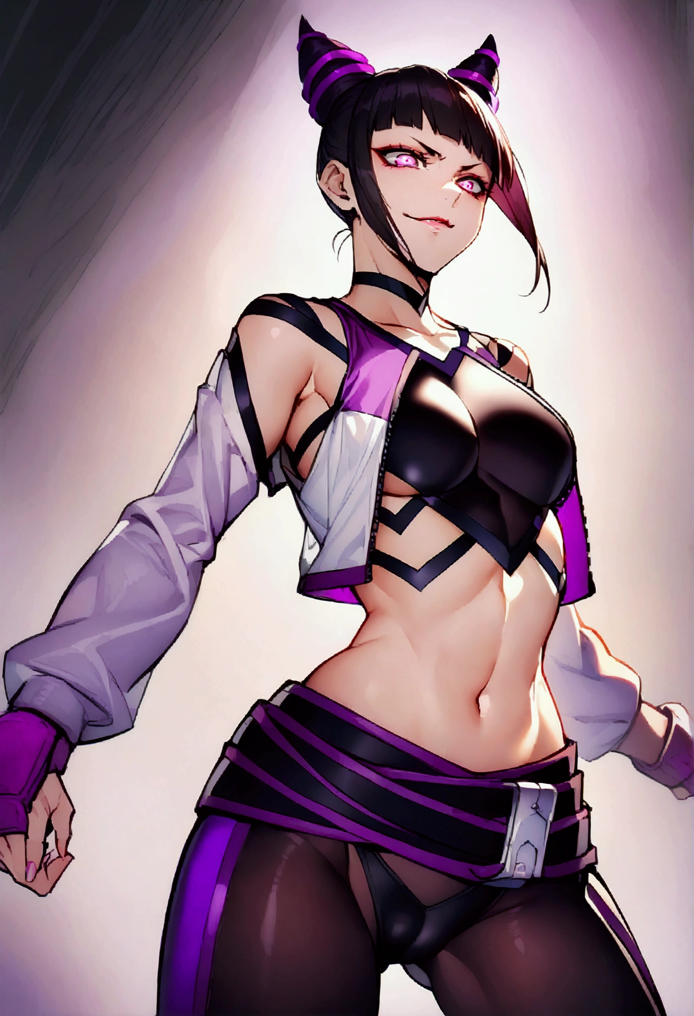 juri han,dark eye shadow,shining eyes,beautiful young fitness woman with , in a gym wearing May with black pantyhose, tight white and purple gym jacket jeer open jacket. standing alone,hair horns,glowing purple eyes,Evil smile,legging preto ,labiaa,dark eye shadow,shining eyes,Cracked abdomen,mao no abidomen
