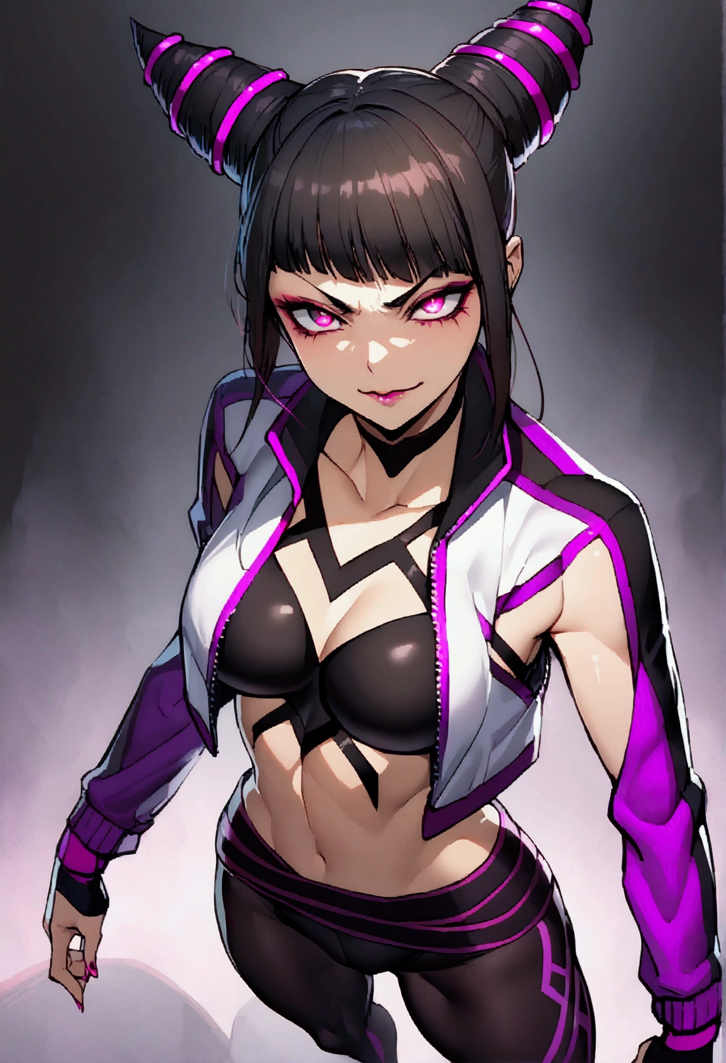 juri han,dark eye shadow,shining eyes,beautiful young fitness woman with , in a gym wearing May with black hose, tightpurple gym jacket jeer open jacket. standing alone,hair horns,glowing purple eyes,Evil smile,legging preto ,labiaa,dark eye w,shining eyes,Cracked abdomen,mao no abidomen
