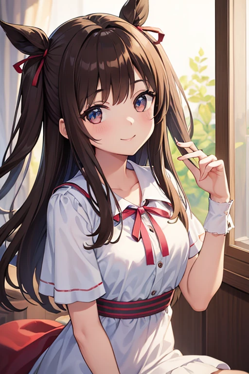((masterpiece,Highest quality))One girl, High resolution, Brown Hair, Two Side Up, ribbon hair accessories, Looking at this,Bullish smile