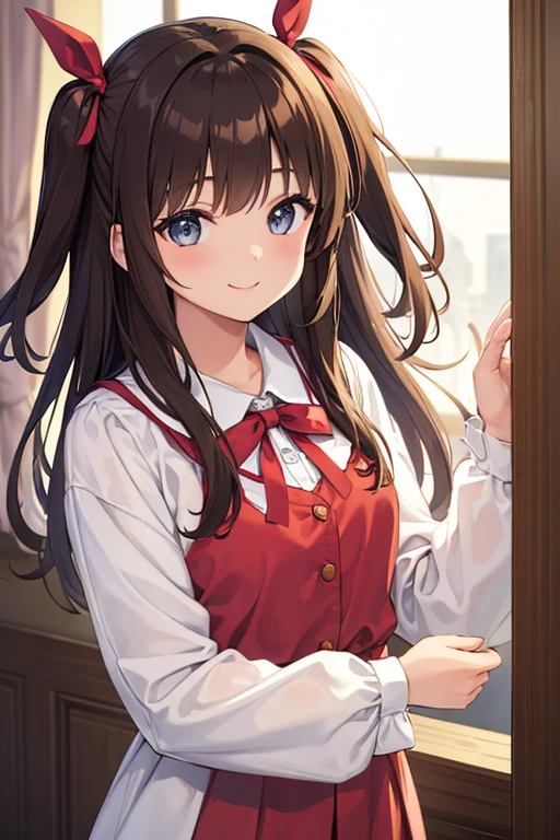 ((masterpiece,Highest quality))One girl, High resolution, Brown Hair, Two Side Up, ribbon hair accessories, Looking at this,Bullish smile