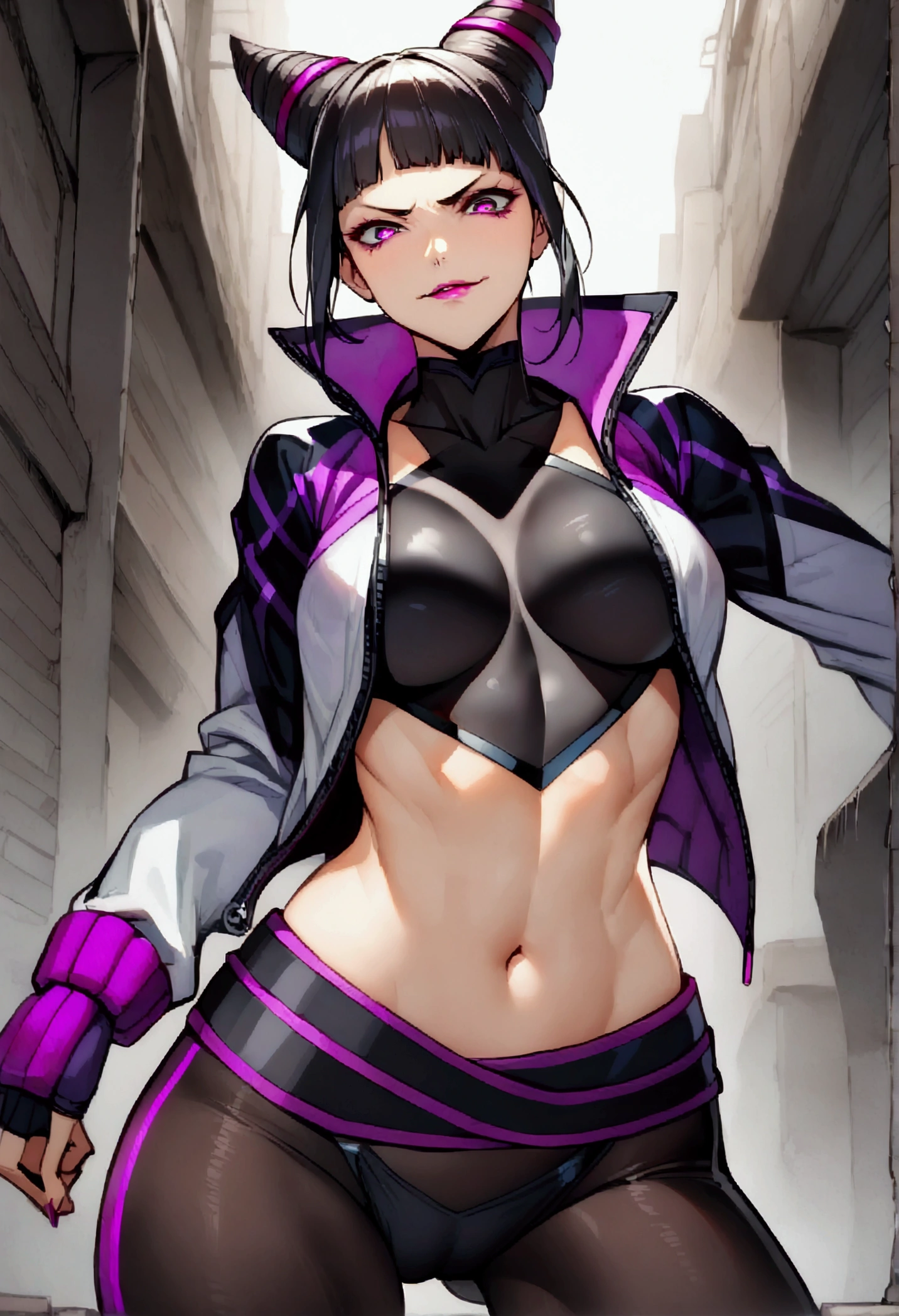 juri han,dark eye shadow,shining eyes,beautiful young fitness woman with , in a gym wearing May with black pantyhose, tight white and purple gym jacket jeer open jacket. standing alone,hair horns,glowing purple eyes,Evil smile,legging preto ,labiaa,dark eye shadow,shining eyes,Cracked abdomen,mao no abidomen
