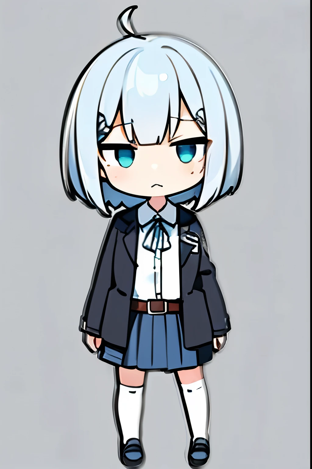 "anime girl, 1 person, silver white hair, dark blue eyes, short hair, small light blue hair clip on left bang,((women's shirt)), women's jacket, dark blue skirt, belt hong, white stockings, shoe leather, medium bust, sneering face, chibi, full body, solo, viewed from many different angles," (full HD 4K+ image)"