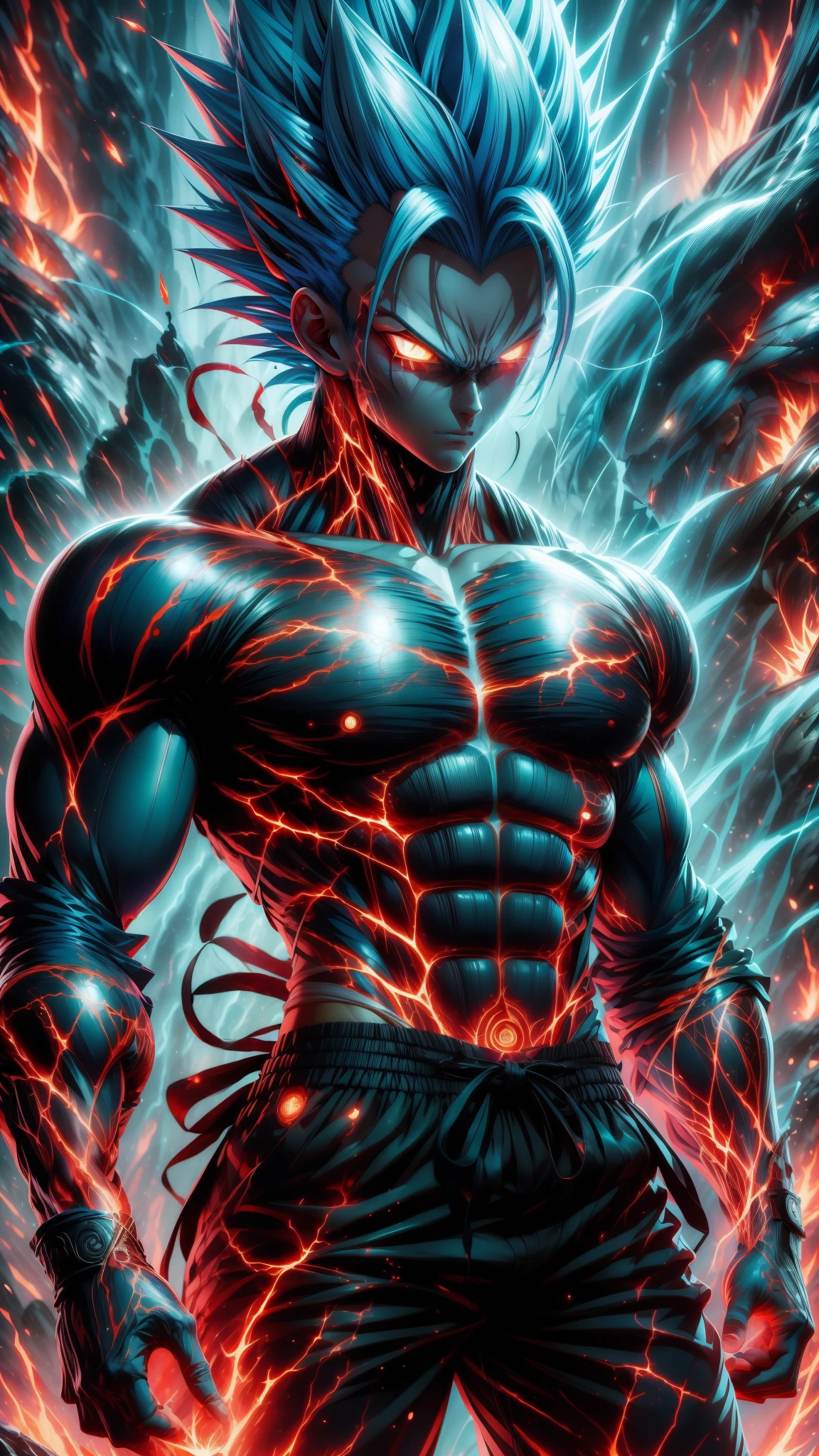 (Aesthetics, Hi-Res: 1.2), Get ready for a visual feast with 17 year old Vegeta, solo, brilliant blue hair and tattoos, a creature with a handsome face and piercing golden eyes . In his transformed state, he radiates extreme instinct and power, creating an epic animation of this energetic man. fire and lava in stunning anime artwork that will leave you in awe. This concept art comes straight from the Bleach Universe, with manga-style 8k wallpapers that will transport you to another dimension. Prepare to be amazed by this detailed work of digital anime art, representing the ultimate combination of style and power.