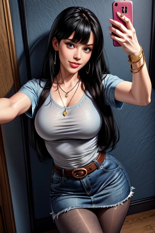 1woman 30year old, solo, long straight black hair, bangs,looking at viewer, detailed eyes, shy smile,jewelry, medium breasts, earrings,belt, blue denim jacket over tight beige t-shirt,mini skirt,sheer tab pantyhose,boots, necklace, bracelet, lips,((selfie pose)),((dynamic angle)),