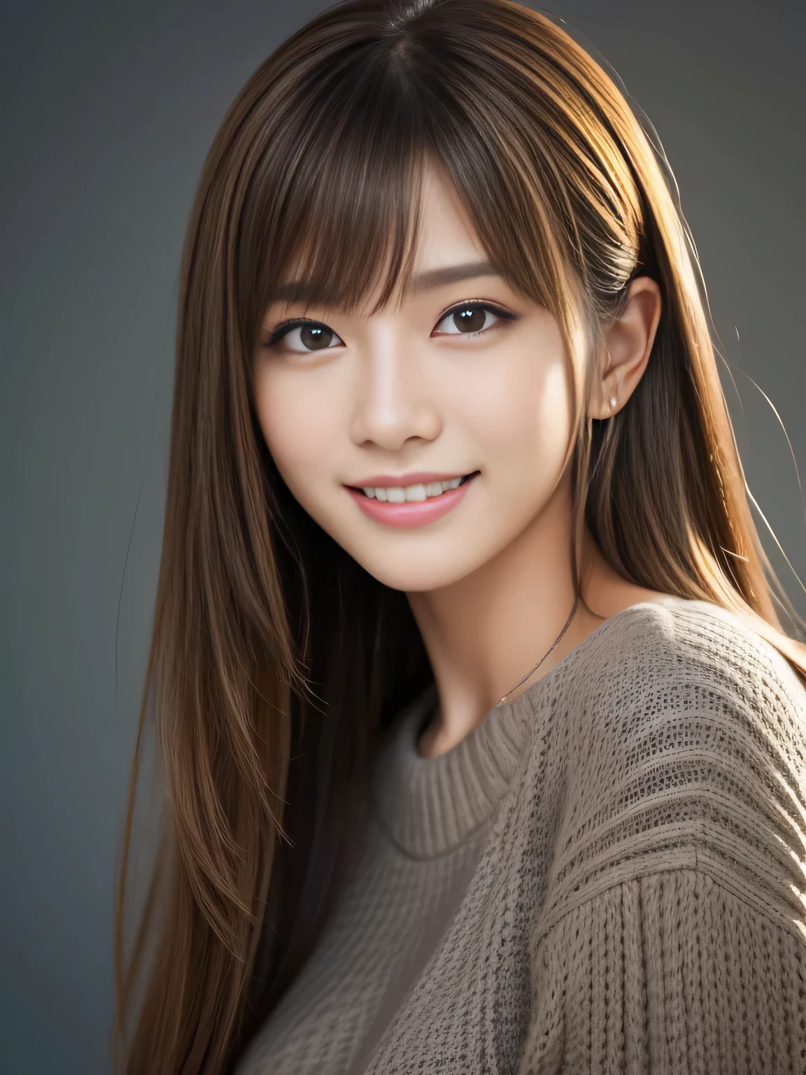 masterpiece, best quality, ultra-detailed, intricately detailed hyperdetailed, realistic, sharp features, highly detailed, sharp focus, Realistic, Photorealistic:1.3, (17 years old:1.3), perfect face, perfect symmetrically eyes, perfect full lips, hyper detailed, hyper realistic, high resolution, Fashion Model, Japanese Idol, Slender, brown hair, Stylish, model poses, Beautiful Face, light brown hair, messy hair, asymmetrical bangs, (grin:1.2), (looking at viewer), cinematic lighting, grey background, (Black knit:1.2), portrait