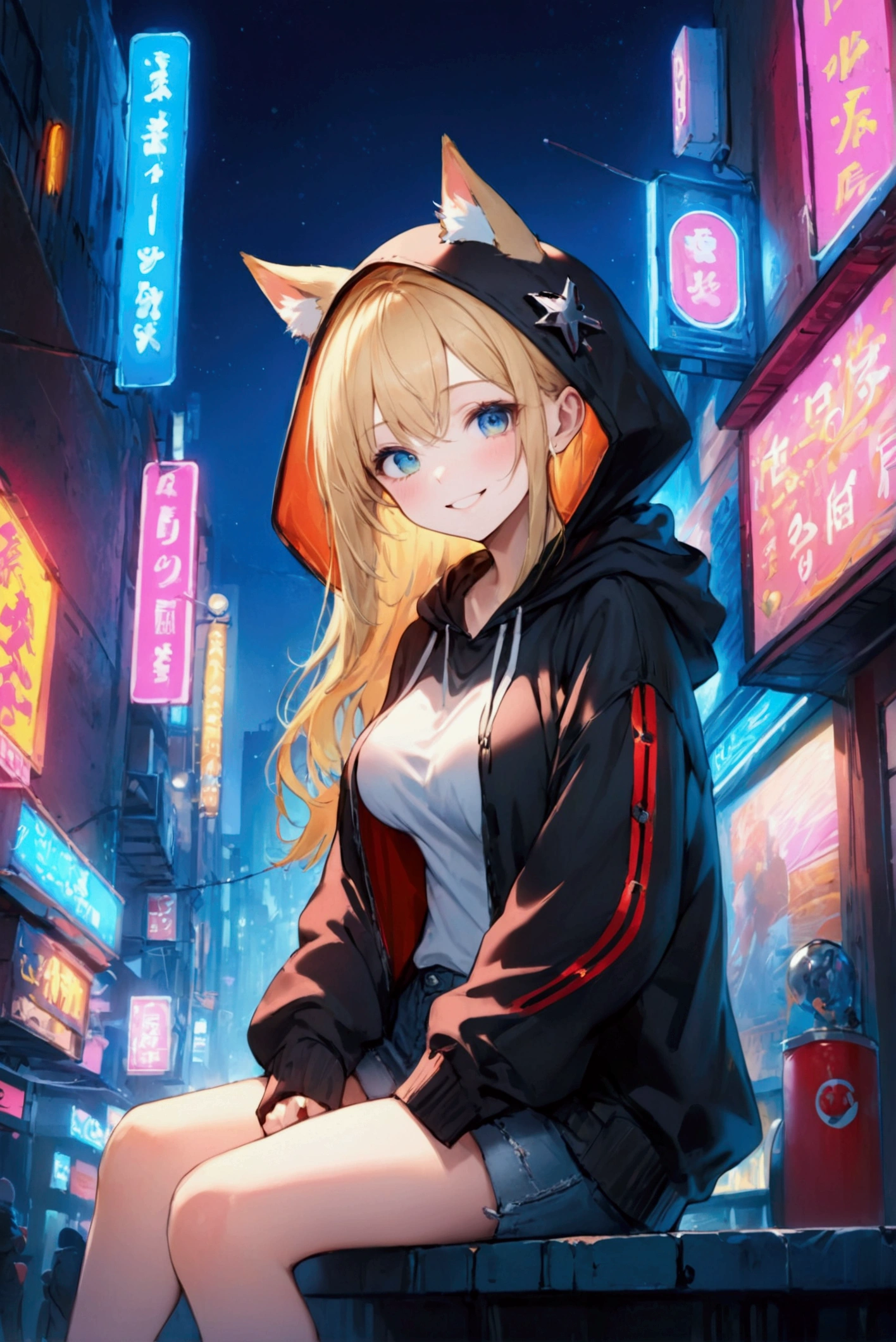 (Highest quality, 8k, 32K, masterpiece, Ultra-high resolution,:1.2),to be born, One Girl,So cute , Neon night city, Fantasy Background, clear, Shining Eyes, Age 25 ,Fair skin, Blonde girl, A beautiful girl like a fox, Punk clothes, American casual attire, Slanted Eyes, Long Hair, An innocent smile, Grin, Neon sign, Large Breasts, Sitting, Wearing a hood, Wearing a hoodie