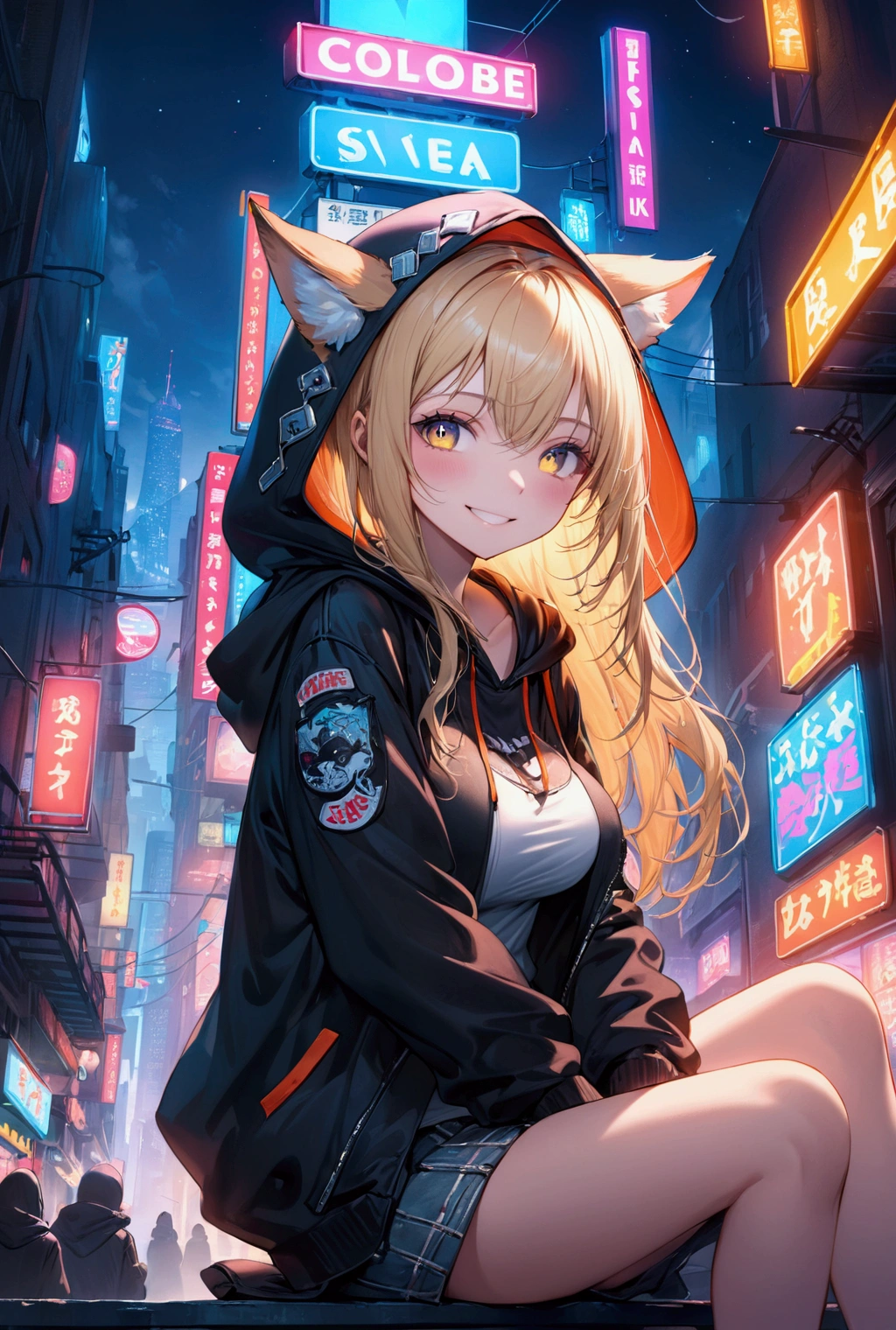 (Highest quality, 8k, 32K, masterpiece, Ultra-high resolution,:1.2),to be born, One Girl,So cute , Neon night city, Fantasy Background, clear, Shining Eyes, Age 25 ,Fair skin, Blonde girl, A beautiful girl like a fox, Punk clothes, American casual attire, Slanted Eyes, Long Hair, An innocent smile, Grin, Neon sign, Large Breasts, Sitting, Wearing a hood, Wearing a hoodie