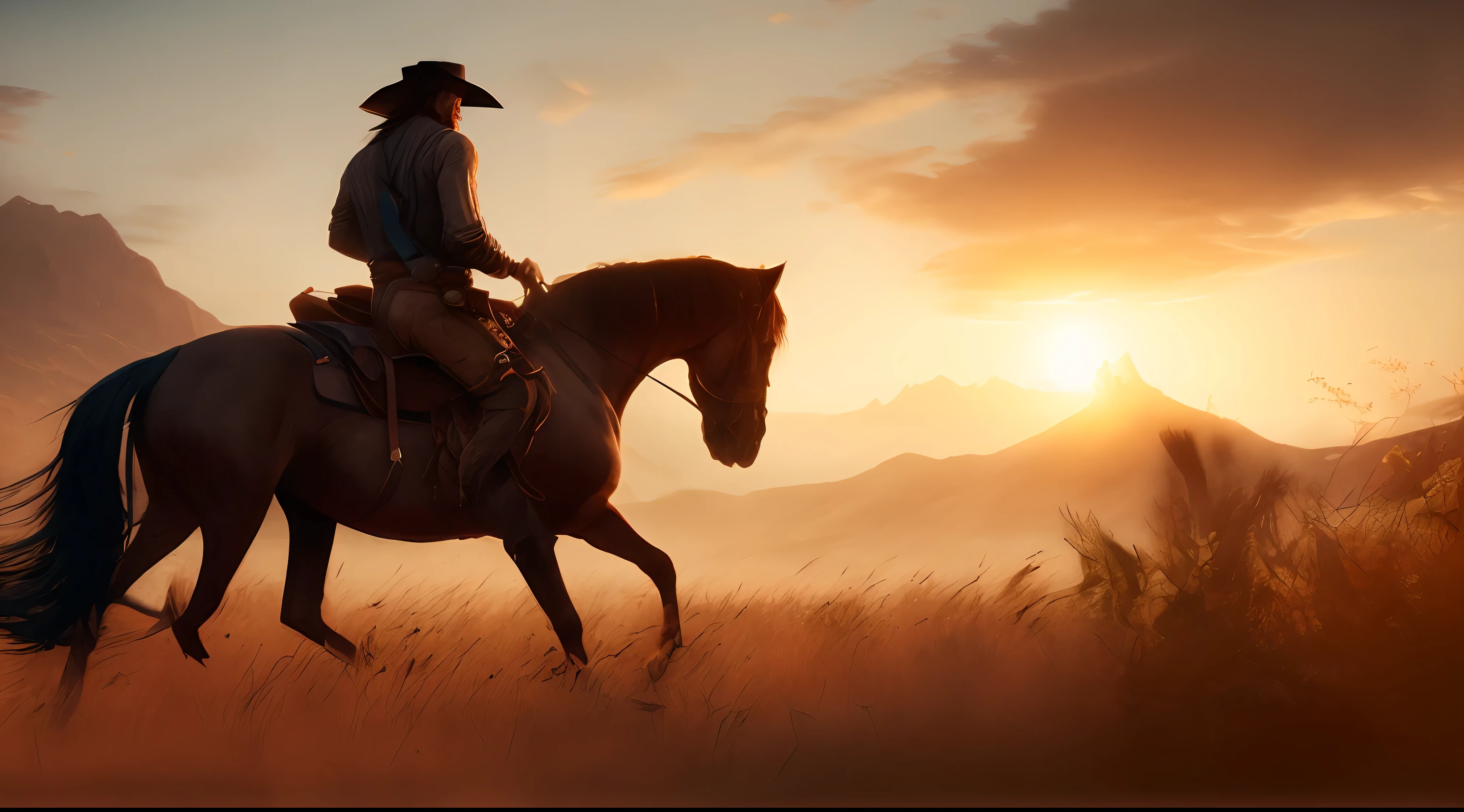 A cowboy who remembers John Marston from Red Dead Redemption is riding his horse in a beautiful western scenario, golden hour, sunset, wide-angle camera, dynamic composition, intricate details, high definition, high resolution, western environment