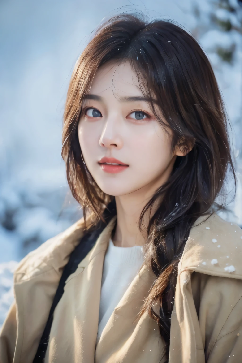 realistic photos oF (1 Cute Korean Star) shoulder length hair, light makeup, medium breast size, Wearing a coat, in the snow, clear Facial Features, 8K high resolution, Sharp, realistic detail.From outside, Eye-Level Shot, F/4.0, 135mm, FujiFilm, jpeg artiFacts, Dithering, uhd, masterpiece