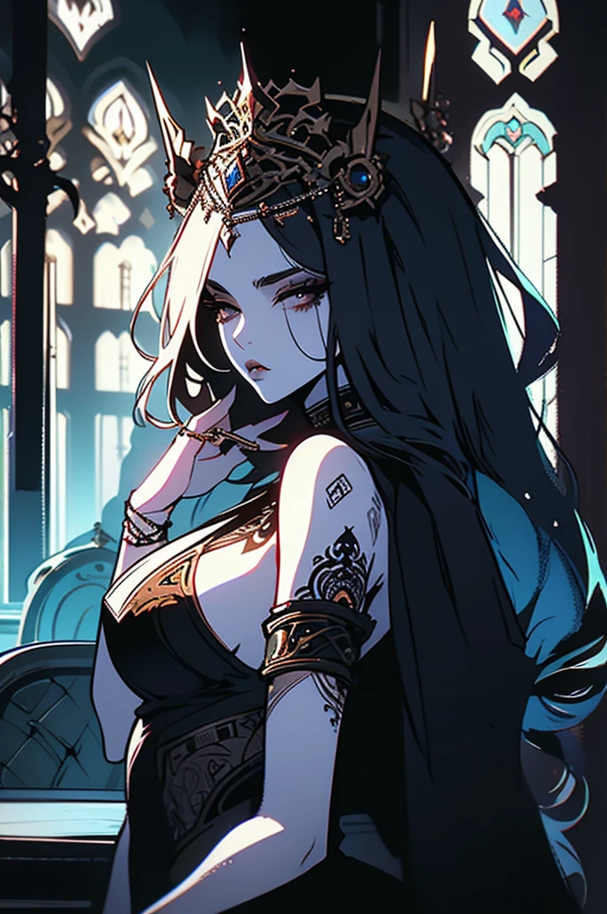In the dimly-lit confines of the starship brig, a seductive female humanoid leans against the cold metal bars, her gaze challenging yet inviting. This game concept art is a digitally-rendered painting that exudes a sense of forbidden allure. The lighting casts dramatic shadows across her flawless skin, accentuating the intricate tattoos that snake around her arms and neck. The air is thick with tension, captured in the subtle curve of her lips and the intensity of her piercing eyes. Every detail is meticulously crafted, from the intricate patterns on her futuristic attire to the faint glint of metal restraints at her wrists. This image is a masterclass in blending sensuality with danger, drawing viewers into a world teeming with untold stories and hidden desires.