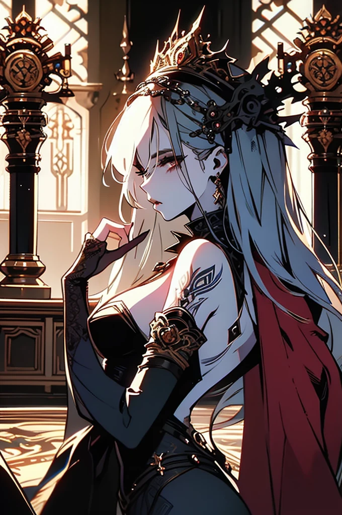 In the dimly-lit confines of the starship brig, a seductive female humanoid leans against the cold metal bars, her gaze challenging yet inviting. This game concept art is a digitally-rendered painting that exudes a sense of forbidden allure. The lighting casts dramatic shadows across her flawless skin, accentuating the intricate tattoos that snake around her arms and neck. The air is thick with tension, captured in the subtle curve of her lips and the intensity of her piercing eyes. Every detail is meticulously crafted, from the intricate patterns on her futuristic attire to the faint glint of metal restraints at her wrists. This image is a masterclass in blending sensuality with danger, drawing viewers into a world teeming with untold stories and hidden desires.