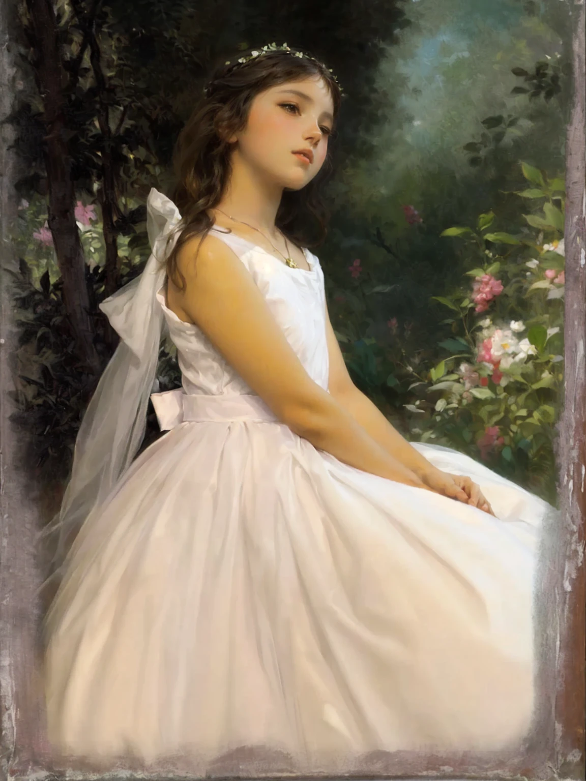 painting of a young woman in a white dress sitting in a garden, inspired by William-Adolphe Bouguereau, Pudica bouguereau style pose, Pudica bouguereau style gesture, a striking young ethereal figure, portrait painting of a princess, bouguereau style pose, Portrait of a Princess, inspired by Sargent Johnson