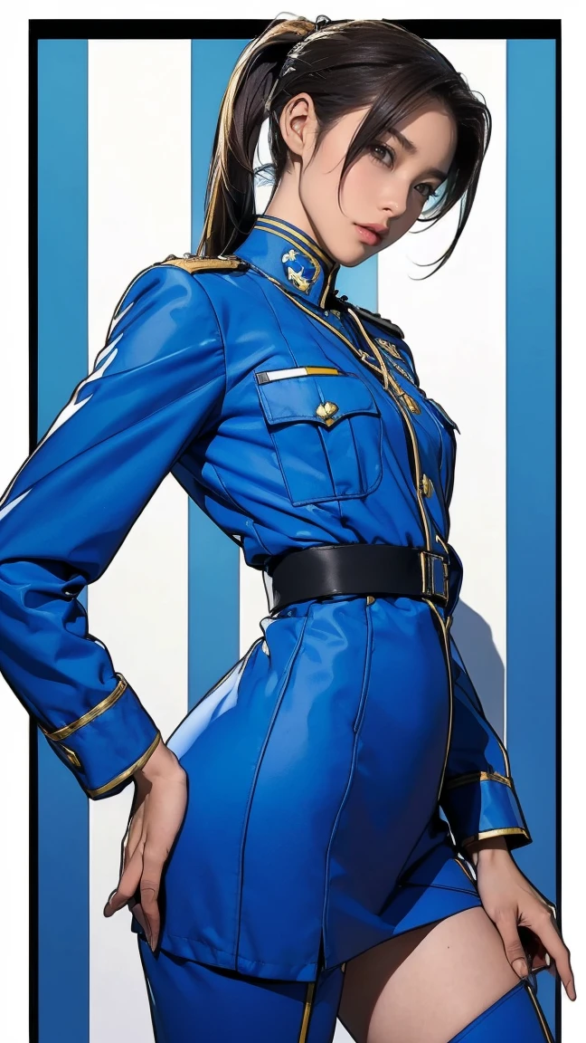 ((masterpiece)),(((highest quality))),((Reference Sheet, Character Design, front, return, ~ ~ side, Mr..々Hairstyle, Mr..々Performance, Facial Expressions)), 14-year-old girl, Cute type, (Very slim:1.4), (Very small ass:1.4), Realistic buttocks, (Medium bust:1.4), Brown hair in a ponytail,Thin thighs, Long legs, It's not a big deal,(A female Earth Federation officer is walking), (Wearing Earth Federation military uniform, White and blue military uniform),(Worn by federal government employees'White Hat:1.5)