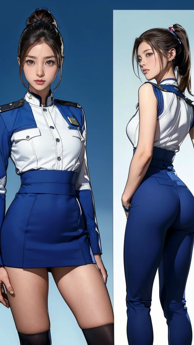 ((masterpiece)),(((highest quality))),((Reference Sheet, Character Design, front, return, ~ ~ side, Mr..々Hairstyle, Mr..々Performance, Facial Expressions)), 14-year-old girl, Cute type, (Very slim:1.4), (Very small ass:1.4), Realistic buttocks, (Medium bust:1.4), Brown hair in a ponytail，Thin thighs, Long legs, It's not a big deal,(A female Earth Federation officer is walking), (Wearing Earth Federation military uniform, White and blue military uniform),(Worn by federal government employees&#39;White Hat:1.5)